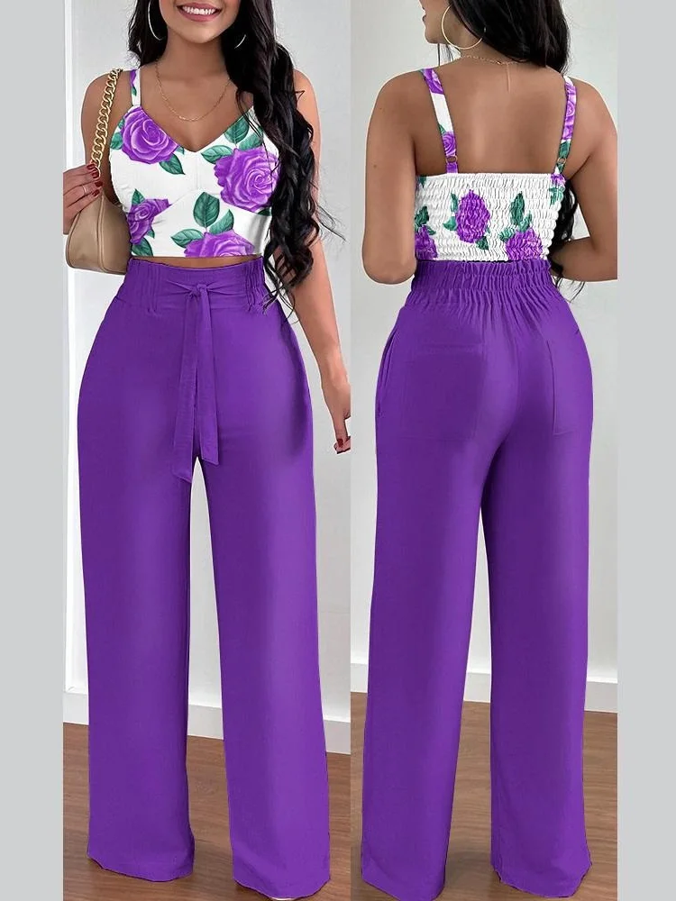 Костюм женский из топа с V-образным вырезом и брюк карманами