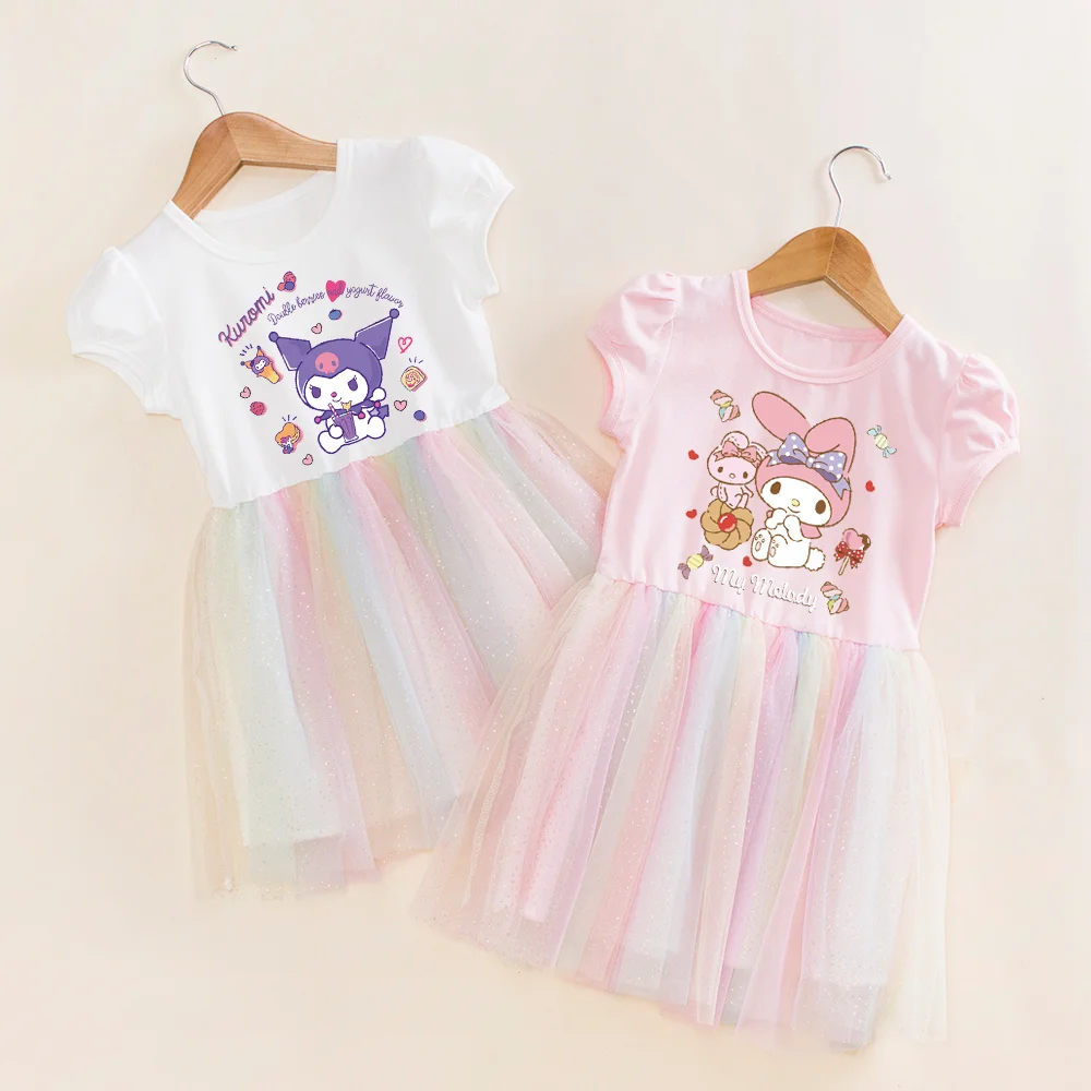 

Платье для девочек Sanrios Kuromi My Melody, Детская летняя праздничная одежда с милым мультяшным рисунком из аниме, юбка из пряжи с коротким рукавом