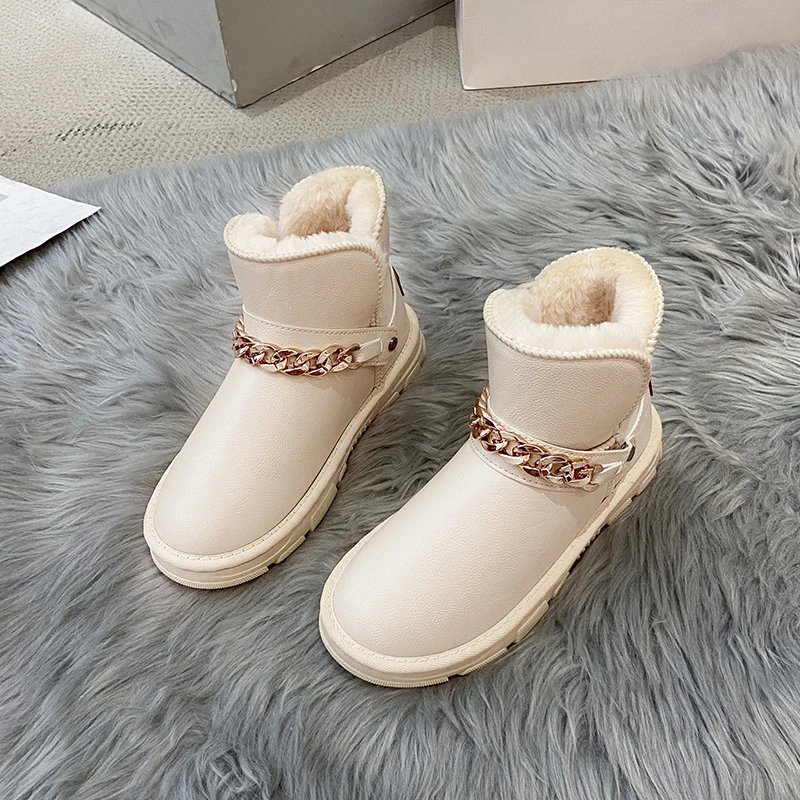 Non-Slip Snow Boots Women Shoes Woman Martin Boots Platform Metal Chain Warm Velvet Short Lattice Luxury Designer Beige Black