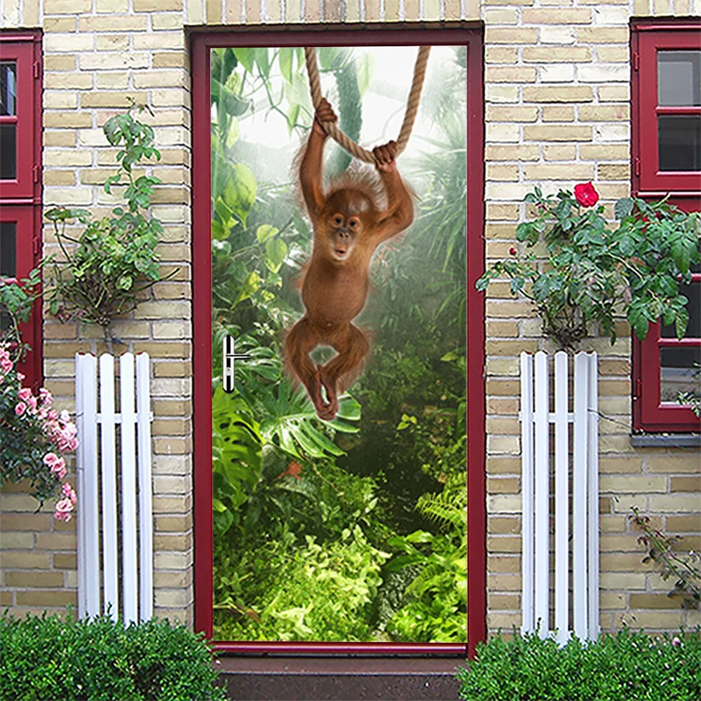 

Jungle Animal Monkey Door Sticker Self-adhesive 3D Detachable Door Wallpaper Mural Door Decoration