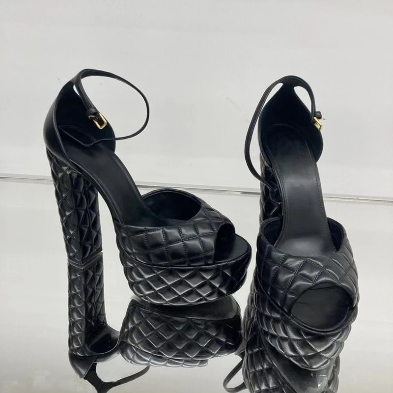 Rhombus Pattern Platform Fish Mouth Sandals Fashion Design Catwalk Super High Heel Retro Sandals Thick Heel Ankle Buckle Sandals