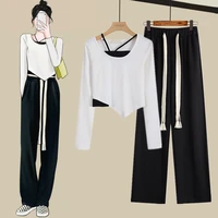 womens asymmetric t shirt long sleeve 2022 spring new sexy fashion contrast shoulder suspender wide leg pants two piece suit
