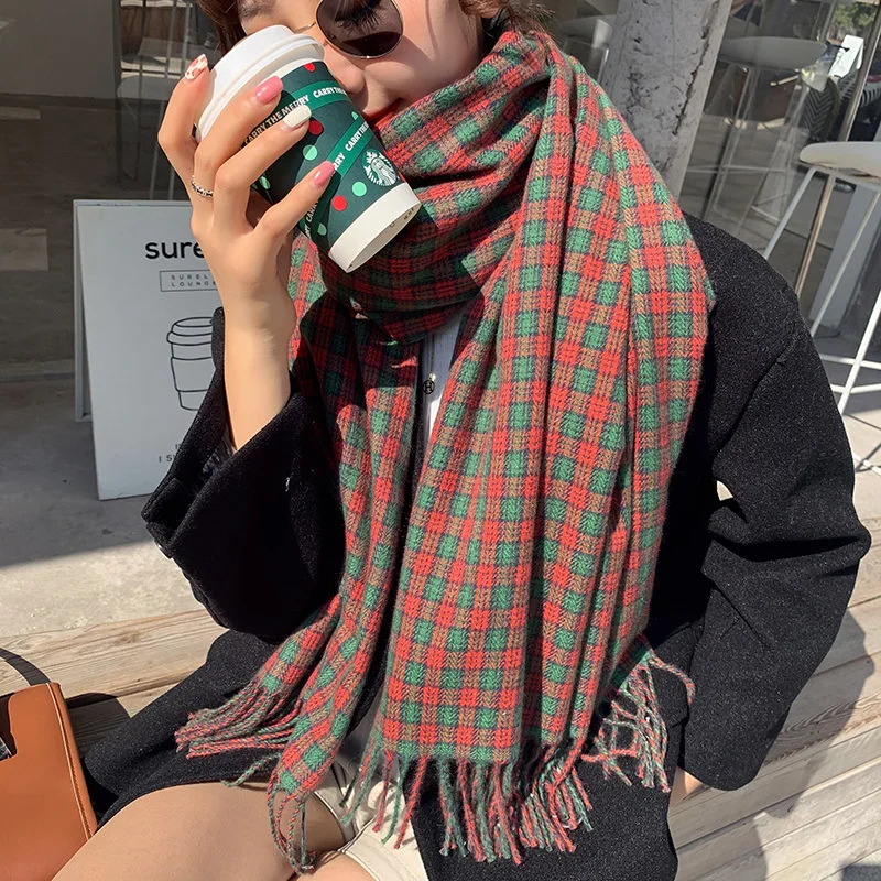 

Christmas Scarf Women's 2022 New Winter Checker Scarf Thickened Tassel Cashmere Like Scarf hoofddoek hoofddoek echarpe feminina