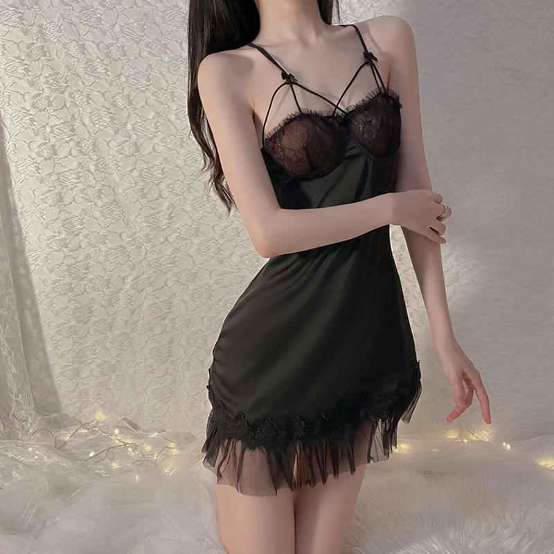 

Sexy Sleepwear Women Nightgown Deep V Pajamas Mesh Perspective Temptation Private Room Sling Nightdress Homewear Set 2022 New