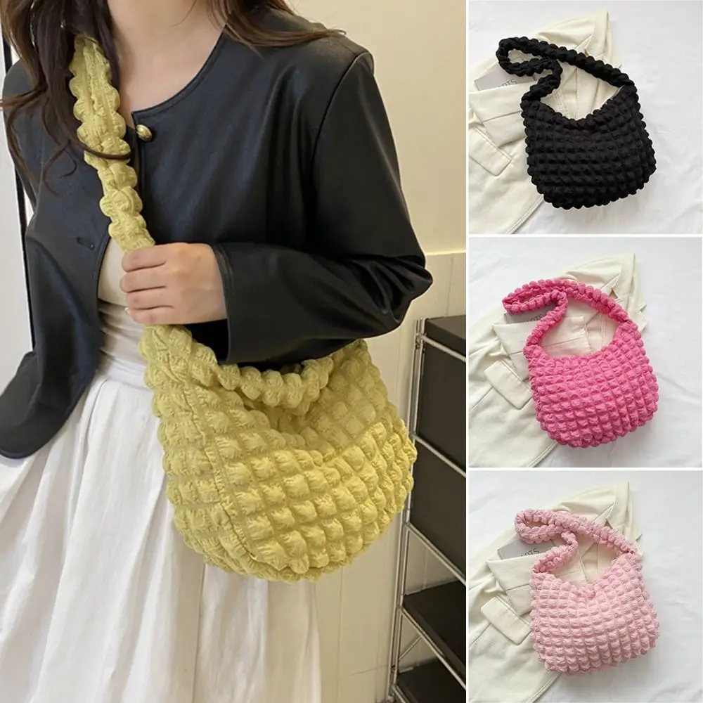 

Large Capacity Shoulder Bag Cute Solid Color Pleated Bubbles Tote Bag Embroidered Plaid Quilted Handbag Women