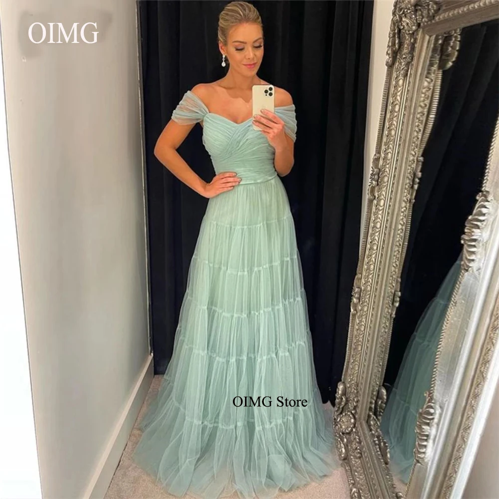 

Mint Green Tulle Long Prom Dresses Off The Shoulder Sleeves Floor Length Evening Gown Formal Party Dress Robe De Soiree