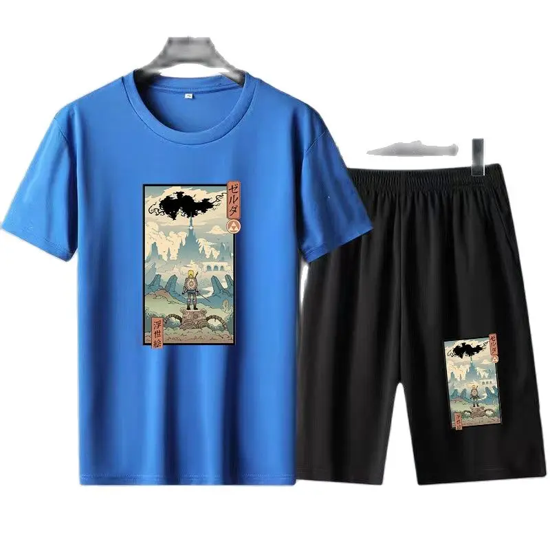 Summer Men's Oversized Japanese Printed Pure Cotton Sports Suit Two-Piece Fashion Comfortable T-shirt Shorts Set Free Shipping