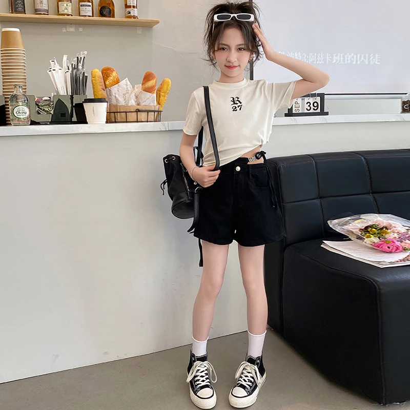 Новинка детский летний комплект для девочек Повседневная футболка с буквенным