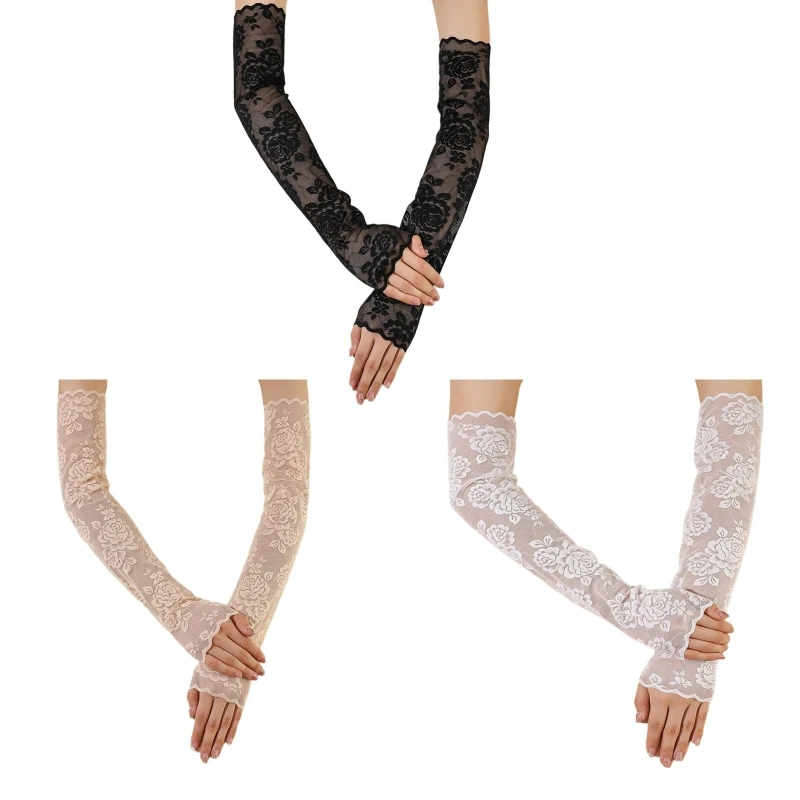 

449B Elegant Women Ultra-Thin Summer Driving Cycling Arm Cover Sunscreen Gloves Female Anti-UV Breathable Lace Mesh Gloves