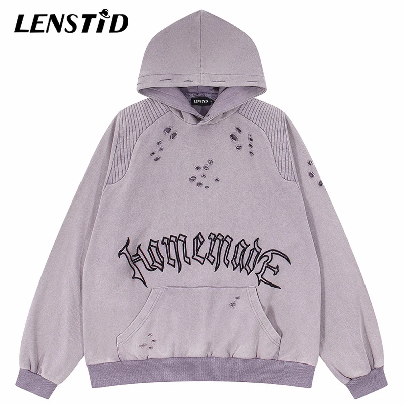 

LENSTID Autumn Men Washed Pullover Hoodies Hip Hop Vintage Ripped Holes Embroidery Streetwear Harajuku Cotton Hooded Sweatshirts