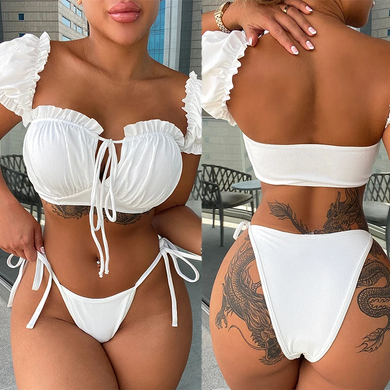 

Женское бикини с коротким рукавом, Бразильский купальный костюм со складками, комплект из двух предметов для плавания