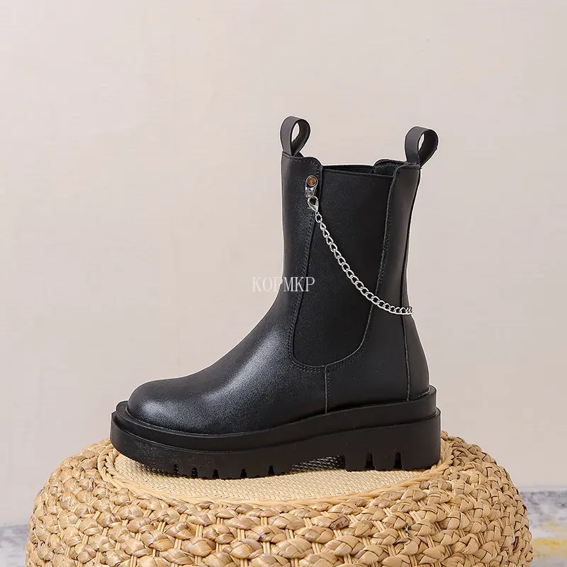 

Новые женские черные ботинки, осенние ботинки челси, удобная обувь в британском стиле, женские повседневные ботинки с цепочкой