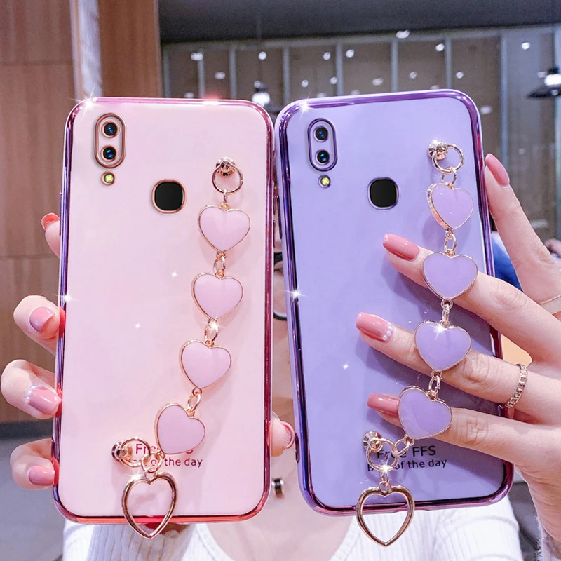 For vivo Y20 Case Luxury Electroplated Heart Bracelet Holder Cases For vivo Y11 2019 Y11S Y12S Y20S Y30 Y21 Y31 Y51 Y73 Cover