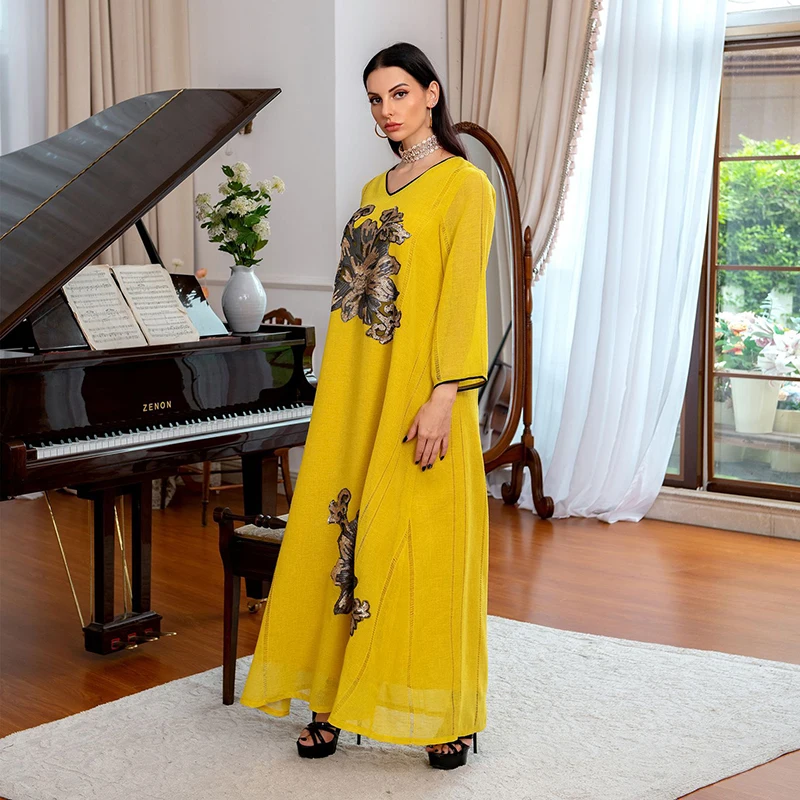 Embroidery Dubai Turkey Muslim Dress Eid Yellow Abayas For Women 2022 Mesh Long Sleeve Ramadan Fashion Robe Islam Moroccan Abaya
