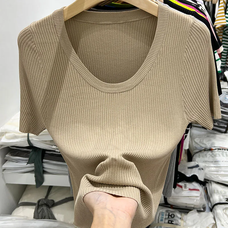 

T Shirt For Women 2023 Summer Crop Top Fashion Clothes Short Sleeve Shirts Ladies Casual O-neck Solid T-shirts Tee Shirt Femme