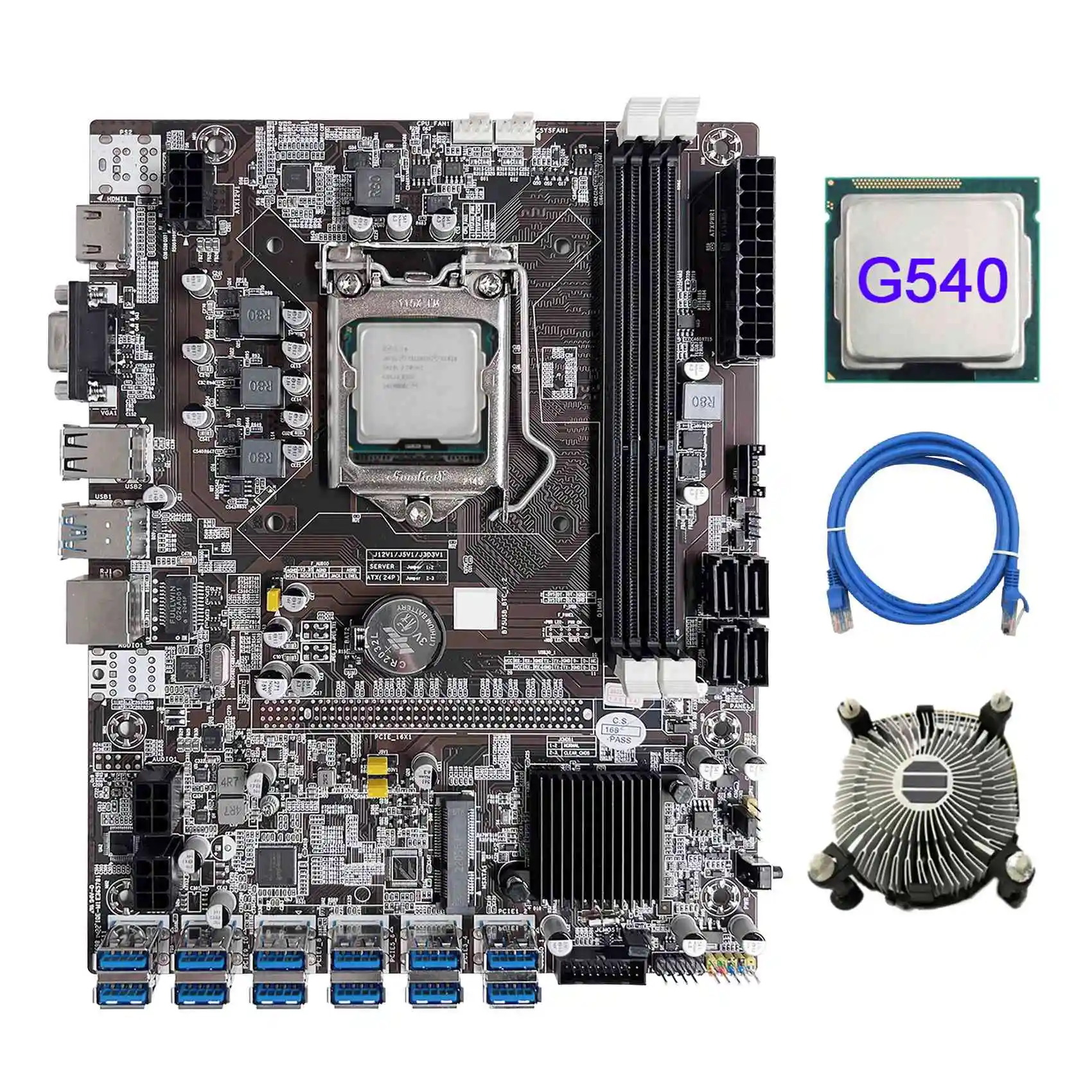 

B75 12 Card BTC Mining Motherboard+G540 CPU+Cooling Fan+RJ45 Network Cable 12XUSB3.0(PCIE) Slot LGA1155 DDR3 RAM MSATA