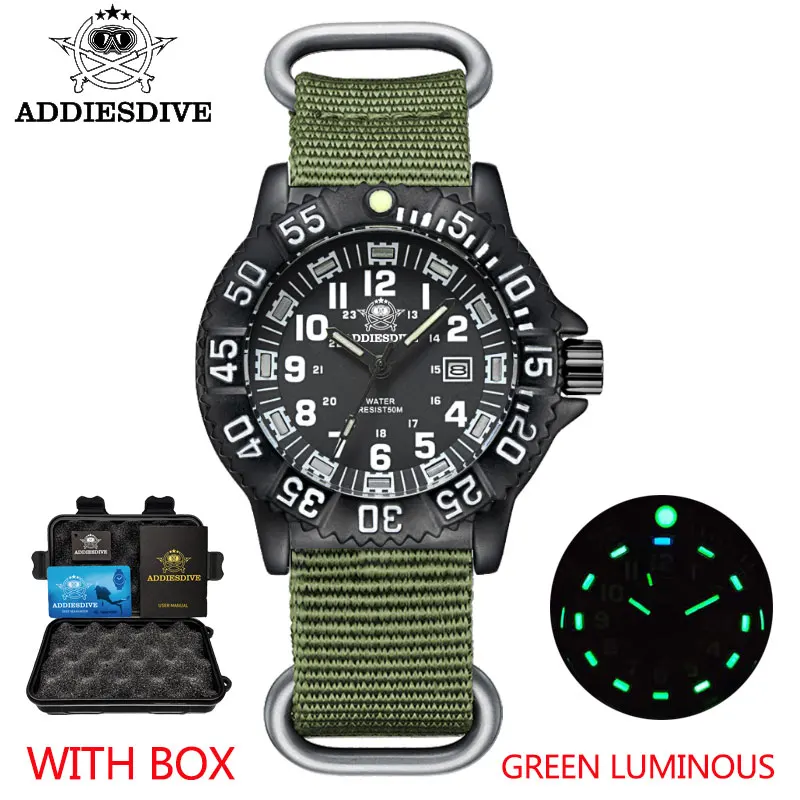 

ADDIES 2021 Men's Sports Watch Military Luxury Rotating Bezel Luminous Watch NATO Nylon Strap 50m Waterproof Quartz Dive Watch