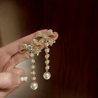 korean shine rhinestone bowknot simulated pearl dangle earrings for women party accessories fashion bijoux crystal oorbellen