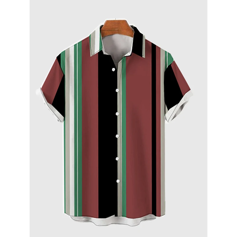 

Retro Red, Green And Black Multi-Color Vertical Stripes Color Matching Men‘s Holiday Breathable Short Sleeve Tee Shirt