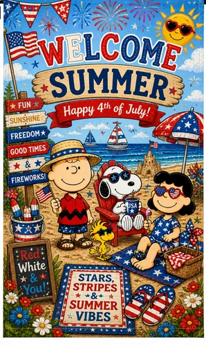 Флаг для сада 12x18, двусторонний, с надписью «Welcome SUMMER», с изображением Снупи и Чарли Брауна, новинка ко Дню независимости США (4 июля), TTN (art.: 3920db233fd3e) - 3920db233fd3e