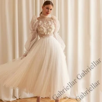 gabriellar aline puffy sleeve wedding dress princess bow tea length exquisite appliques mopping gown vestido de novia 2022 women