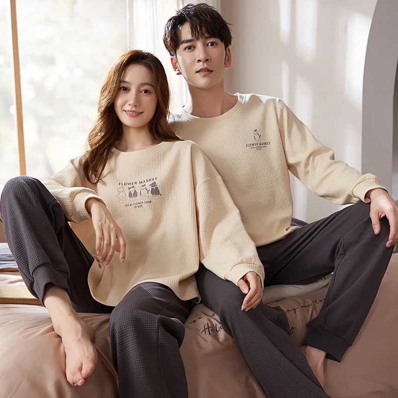 New Couple Long Sleeve Pants Pajamas Knitted Cotton O Collar Men Women Fashion Sleepwear for Youth Lovers pyjamas homme feminino
