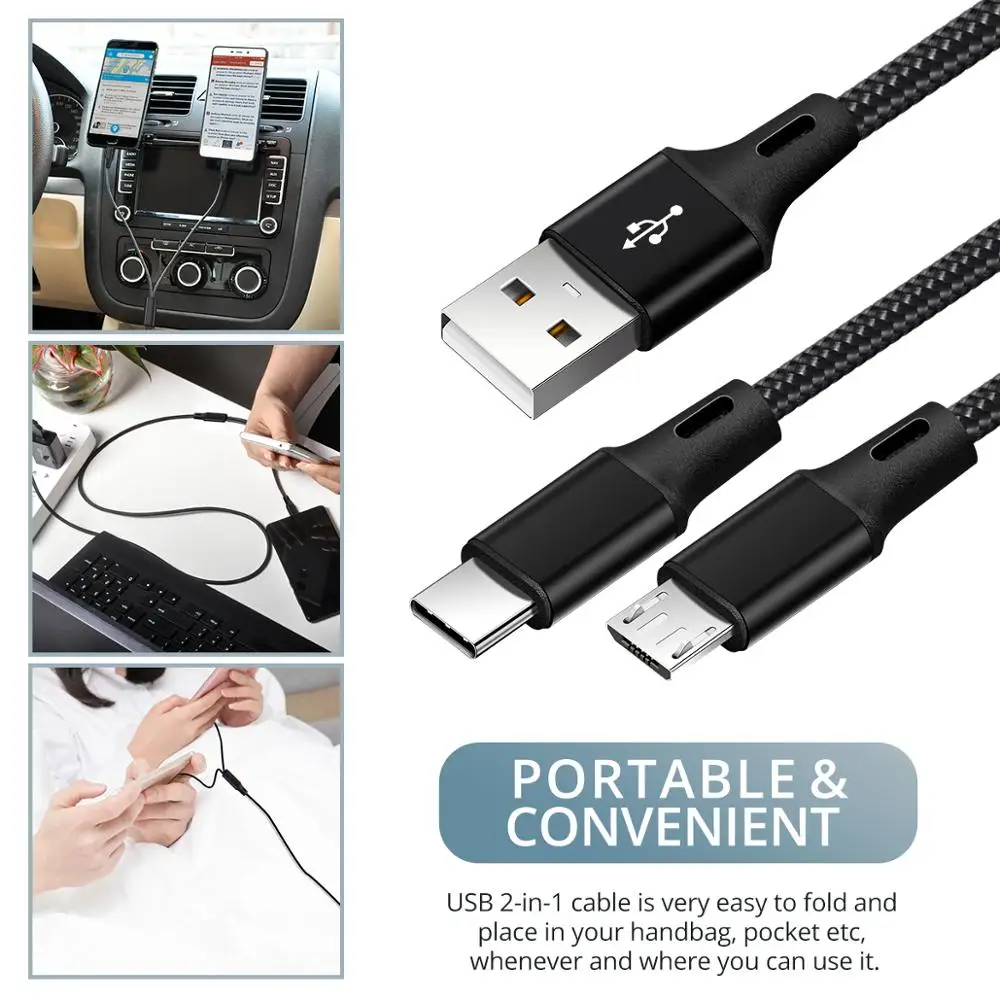2 в 1 Micro USB кабель Тип C для быстрой зарядки зарядный шнур Планшета Телефона