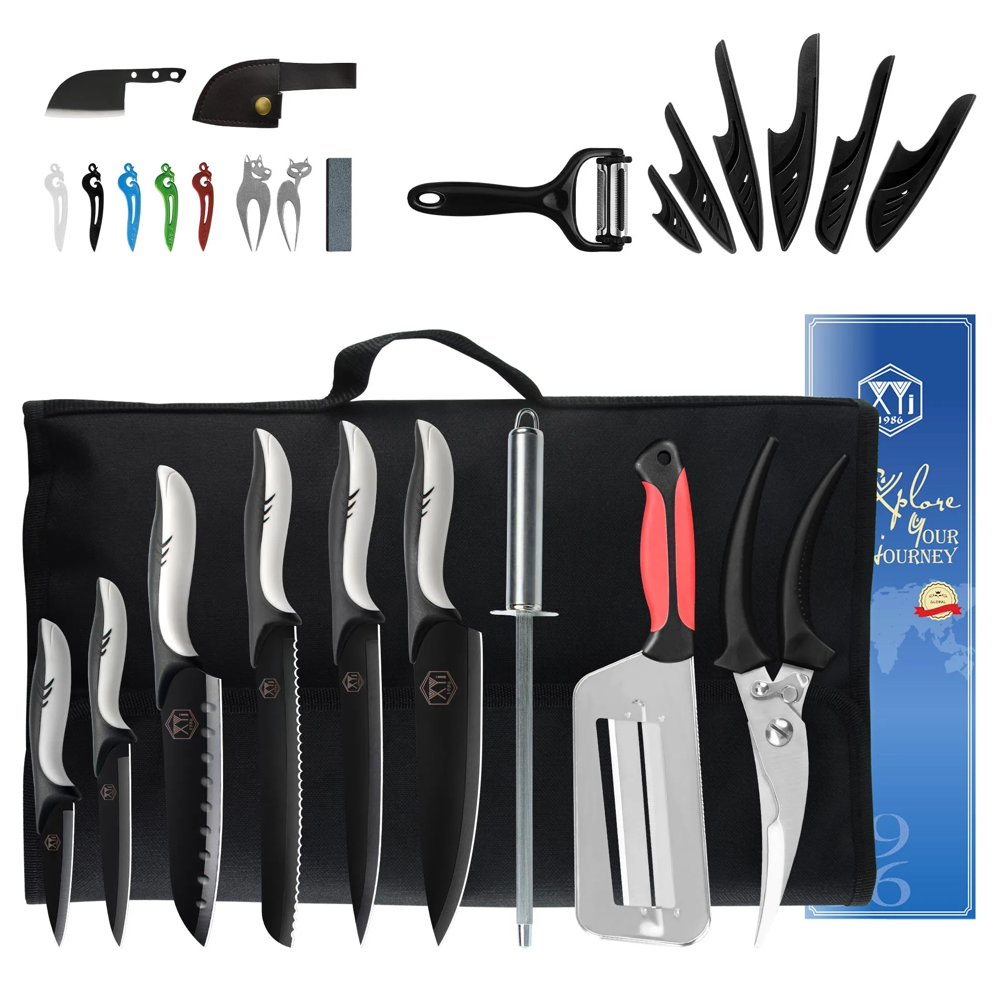 6PCS Knives Set With Roll Bag Peeler Scissors Sharpening Bar Kitchen Utensil Chef Slicing Bread Santoku Utility Fruit Knife Tool