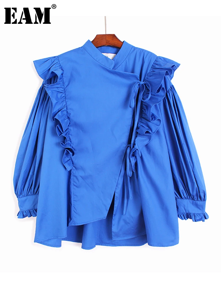 [EAM] Женская черная блузка большого размера с поясом и оборками новая свободная