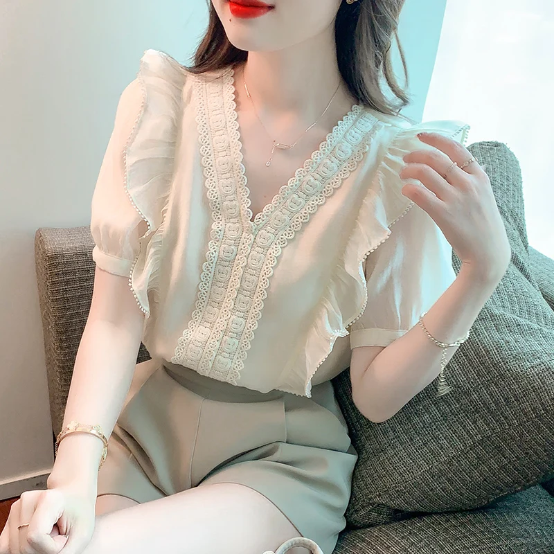 

Fashion Lace Splicing V-neck Women Blouse Summer Elegant Ruffled Puff Short Sleeve Blouse Shirt Casual Woman Tops 2022 New