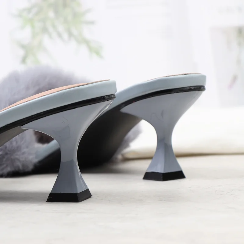 Summer Women High Heels Sandals Mules Slides Low  Metal Chain Furry Slippers Sexy Outdoor Shoes Fluffy  Zapados Mujer