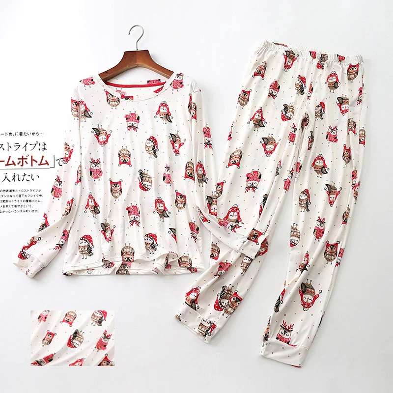 Cotton Pajamas Set Full-Sleeve T-shirt Long Pants 2Piece/Set Autumn Casual Pyjama Big Size Mom Homewear Cozy Plus Sleepwear