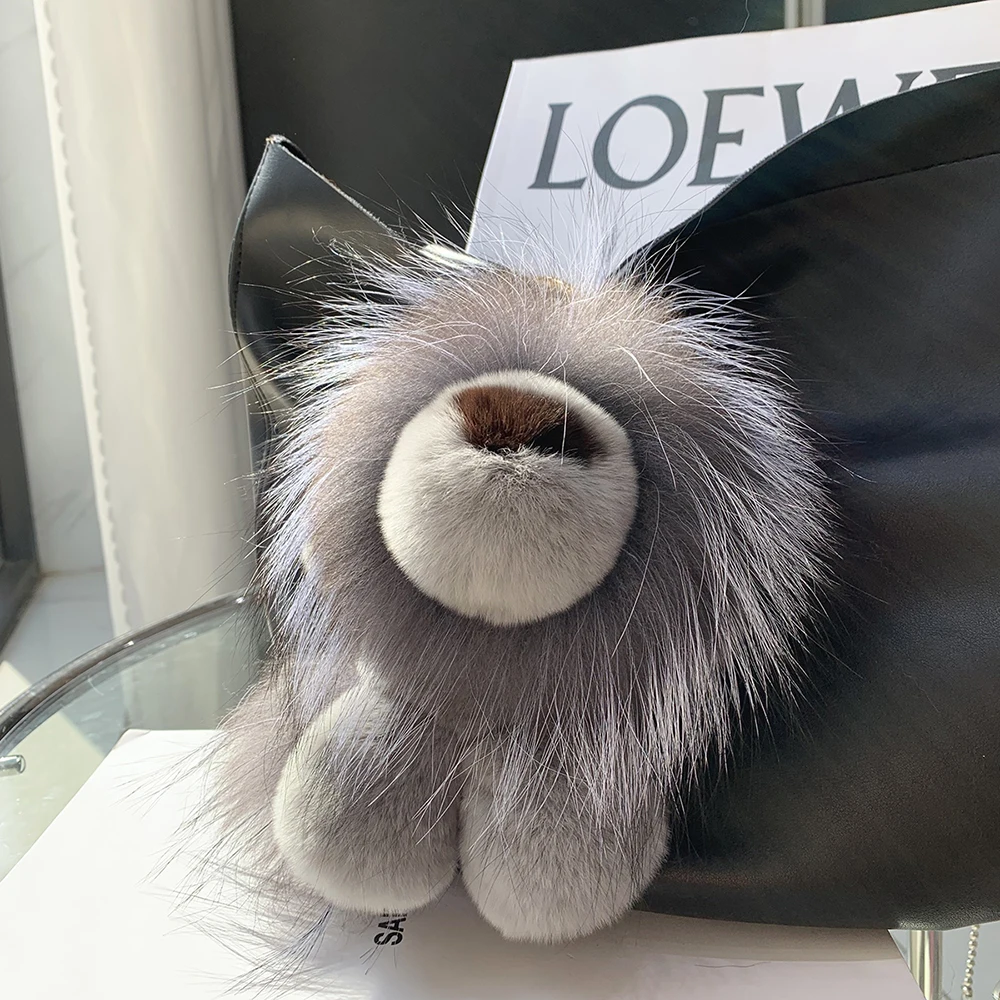 

New Lion Real Rex Rabbit Fur Keychain Plush Toys Trinkets Women Bag Ornaments Pendant Car Keyring Rearview Mirror Decoration