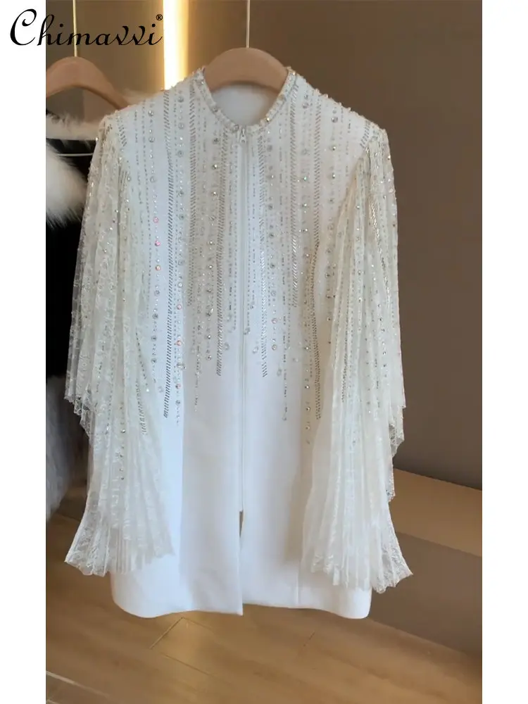 

Базовая рубашка в французском стиле для ранней весны, белый тяжелый Базовый Топ высокого качества, Свободная блузка с длинным рукавом и бисером