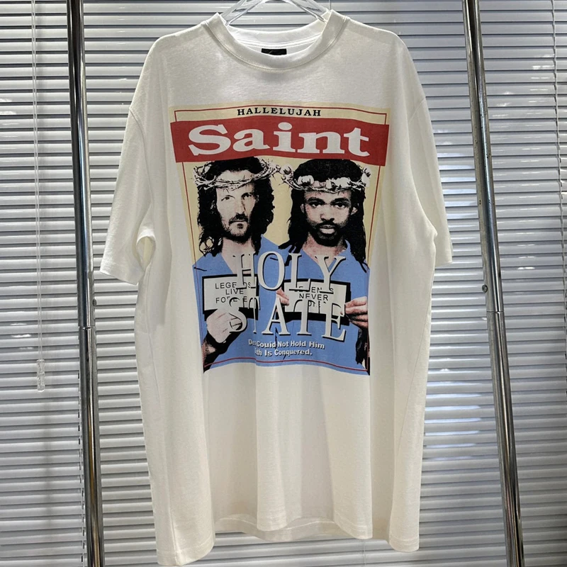 

Kanye West T-shirt Portrait Alphabet Slogan Print Short Sleeve High Street Vintage Wash Do Old T Shirt Loose Couple Top Tee