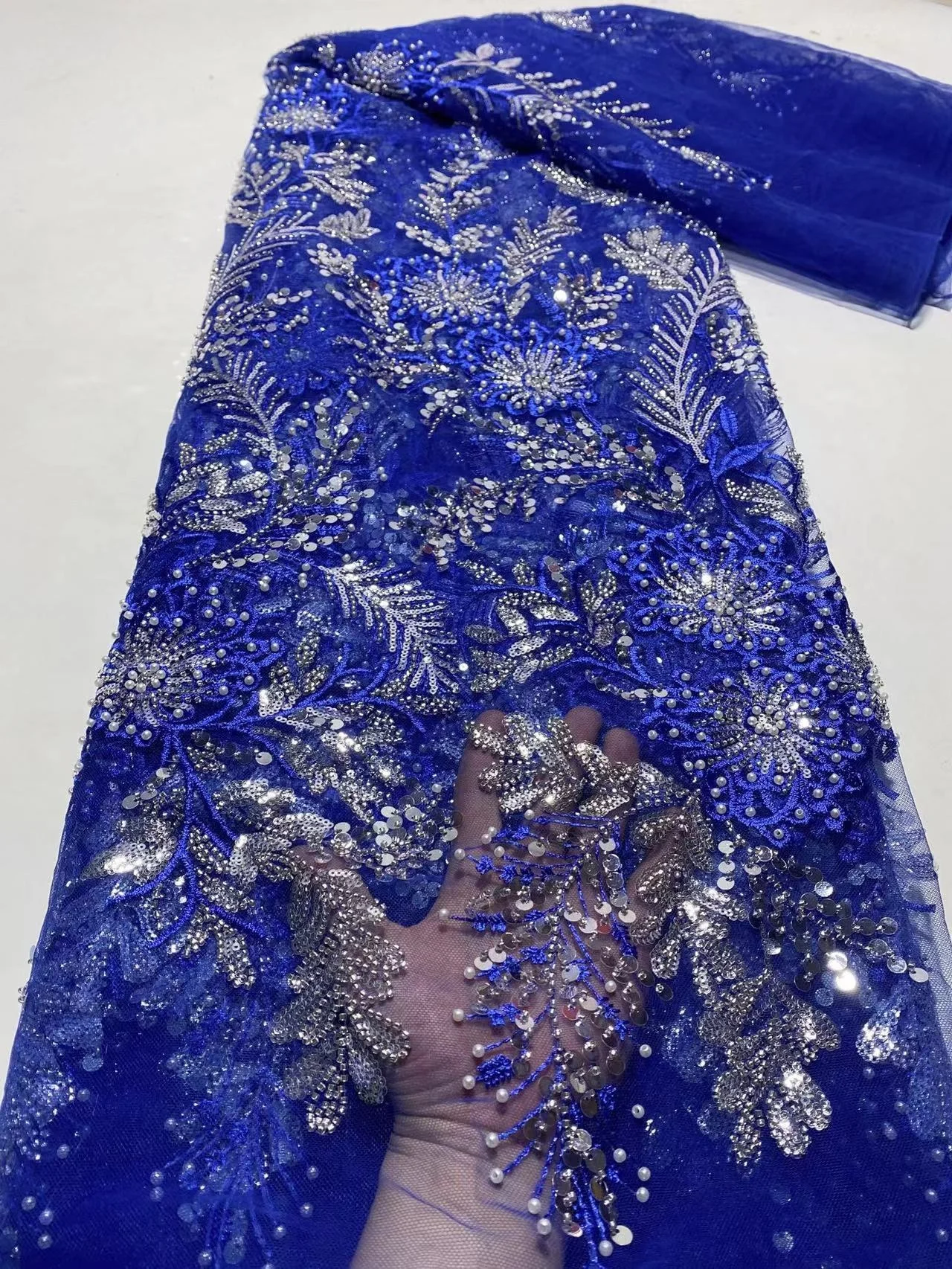

Royalblue Handmade Lace African French Lace Fabric 2022 High Quality Beaded Ghana Lace For Nigerian Lace Fabrics For Party Dress
