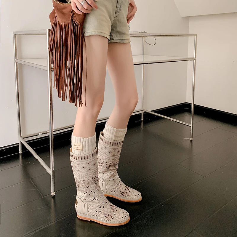 Женские кожаные сапоги с ажурным узором высокие дышащие Сапоги В рыцарском стиле