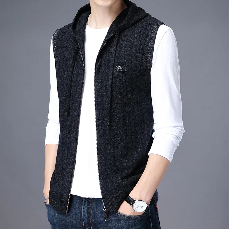 wool Pure sweater men's Vest autumn and winter hooded sleeveless knitted cardigan wearing thickened sweater waistcoat