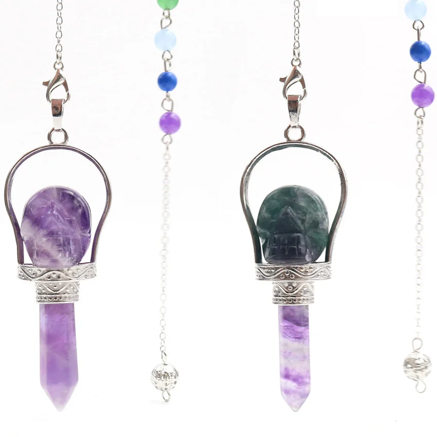 

XSM 7 Chakra Reiki Healing Hexagon Prism Natural Stone Amethyst Rose Quartz Fluorite Skull Devil Scepter Pendulum Pendant