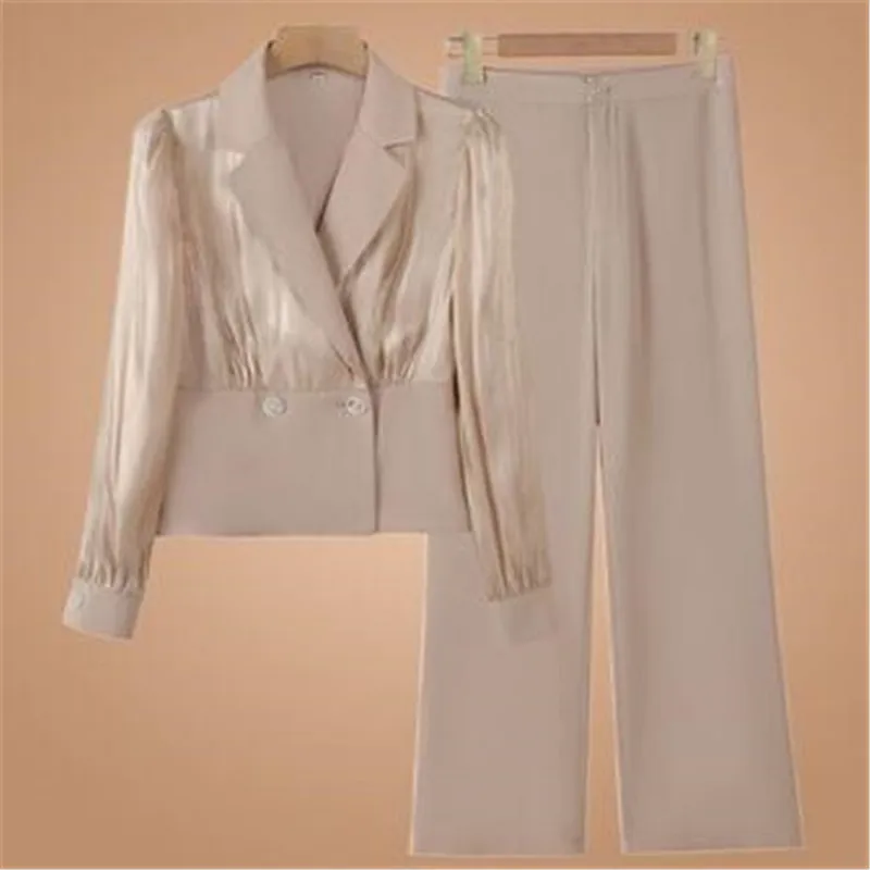 

2023 Spring Korean Popular Satin Jacket Blazer Casual Wide Leg Trousers Two-piece Elegant Women's Pants Suit Office Outufits