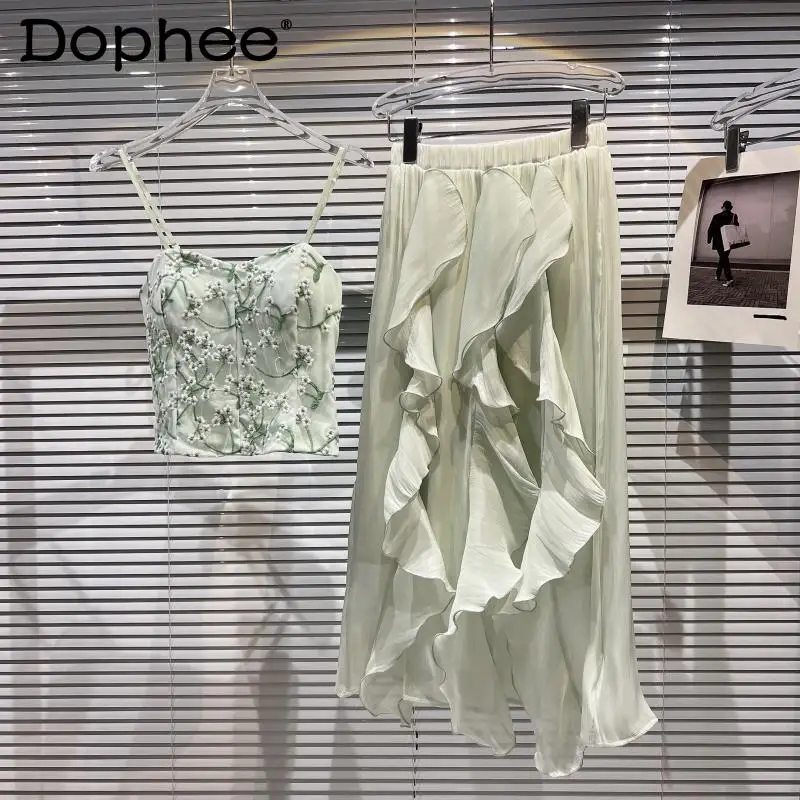 

2022 Summer New Skirt Two-Piece Set Embroidered Flower Vest Camis Women + Elegant Ruffles Mid-length Pleated Skirt 2 Piece Set