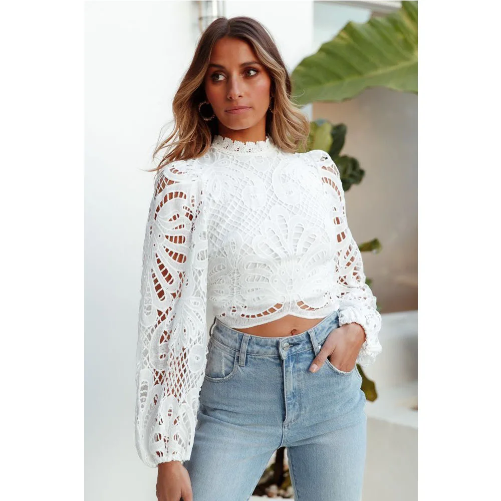 Zara Woman 2022 Women White Crochet Lace Shirts Lantern Long Sleeve Hollow-Out Elegant Blouse Back Zipper Slim Fit Tops Blouses