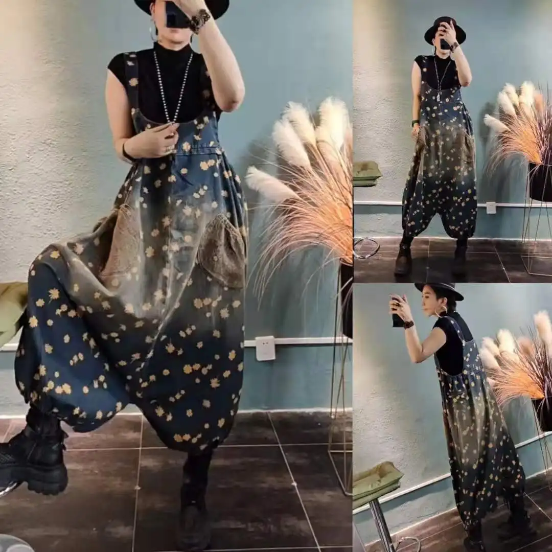Female new autumn Personality retro western style loose printed denim overalls wide-leg trousers slacks crotch pants