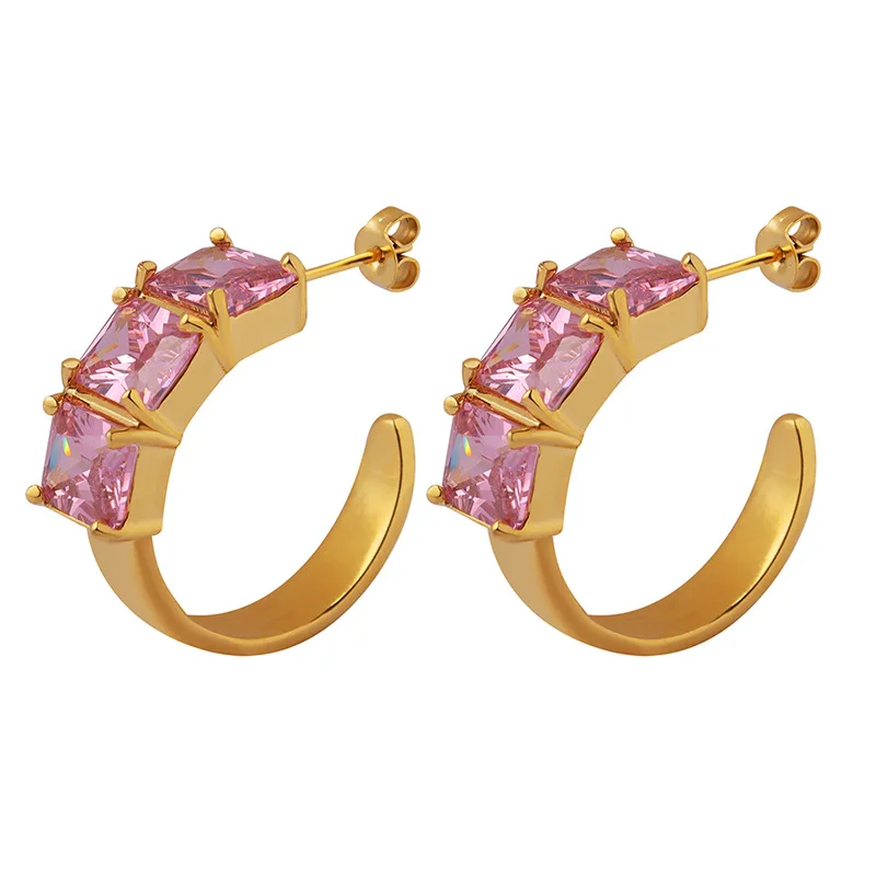 

C-Shaped Sparkling Pink Diamond Stud Earrings