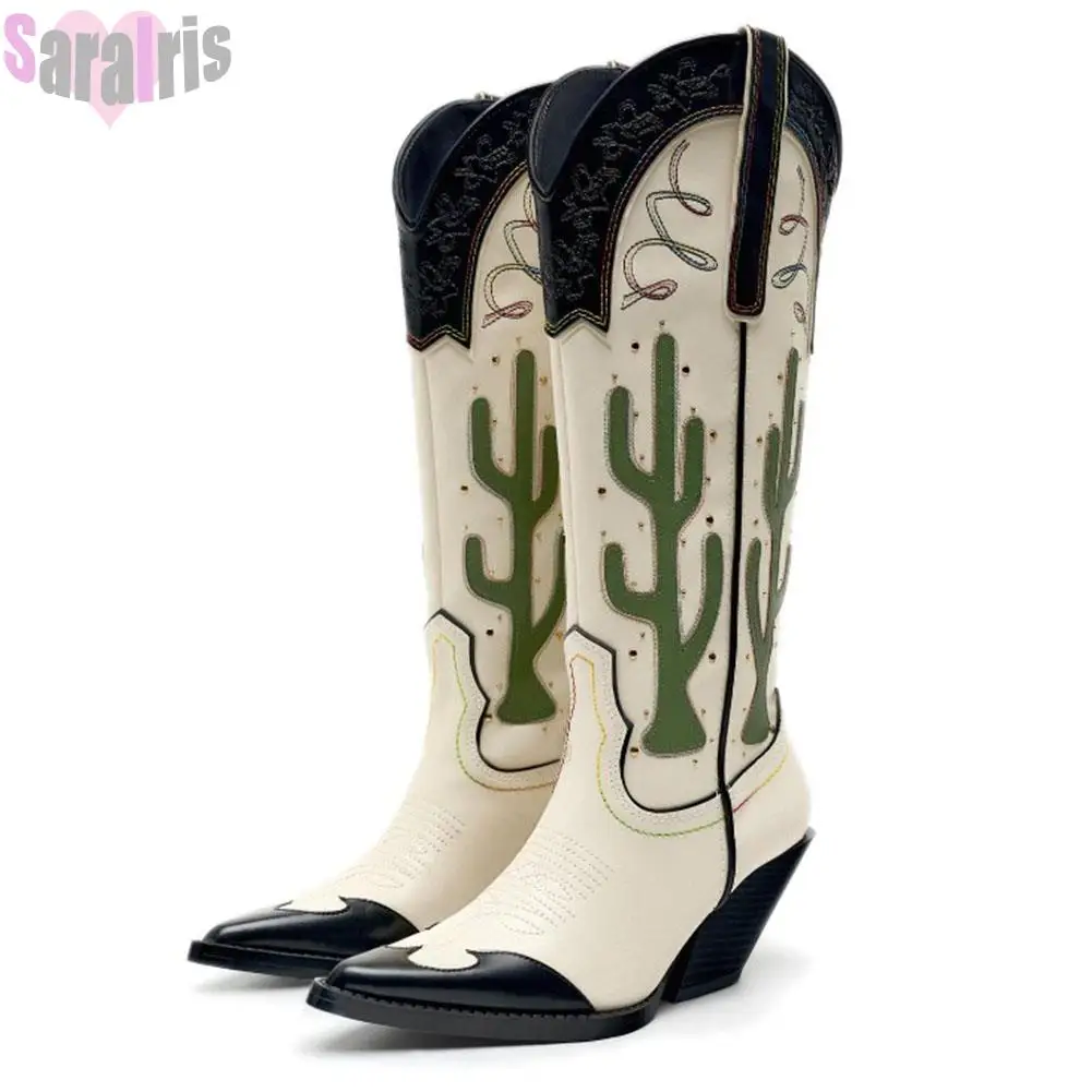 

Женские ковбойские сапоги до середины икры, винтажные ковбойские сапоги в стиле ретро, на массивном высоком каблуке, С КАКТУСОМ, брендовая обувь, 2023