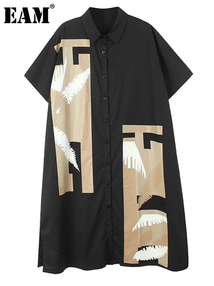 

[EAM] Women Black Pattern Printed Big Size Midi Shirt Dress New Lapel Short Sleeve Loose Fit Fashion Spring Summer 2023 1DF7940