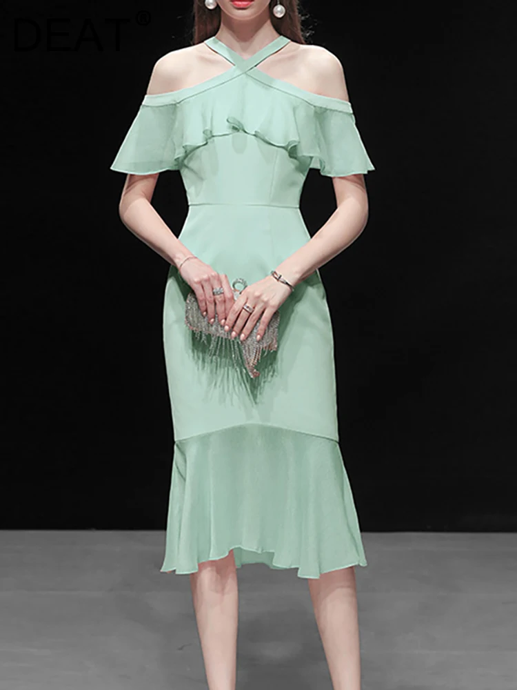 

DEAT Women's Fashion Evening Dress Hanging Neck Collar Off Shoulder Patchwork Waist Slim Party Dresses Summer 2023 New 13DB2574