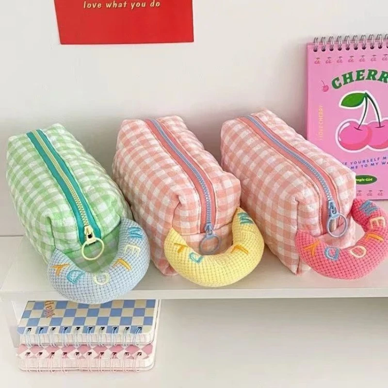 

Color Candy Wrist Bag Powder Green Checker Cosmetic Storage Bag Student Pencil Bag School Pencil Cases School Supplies Cute Bag