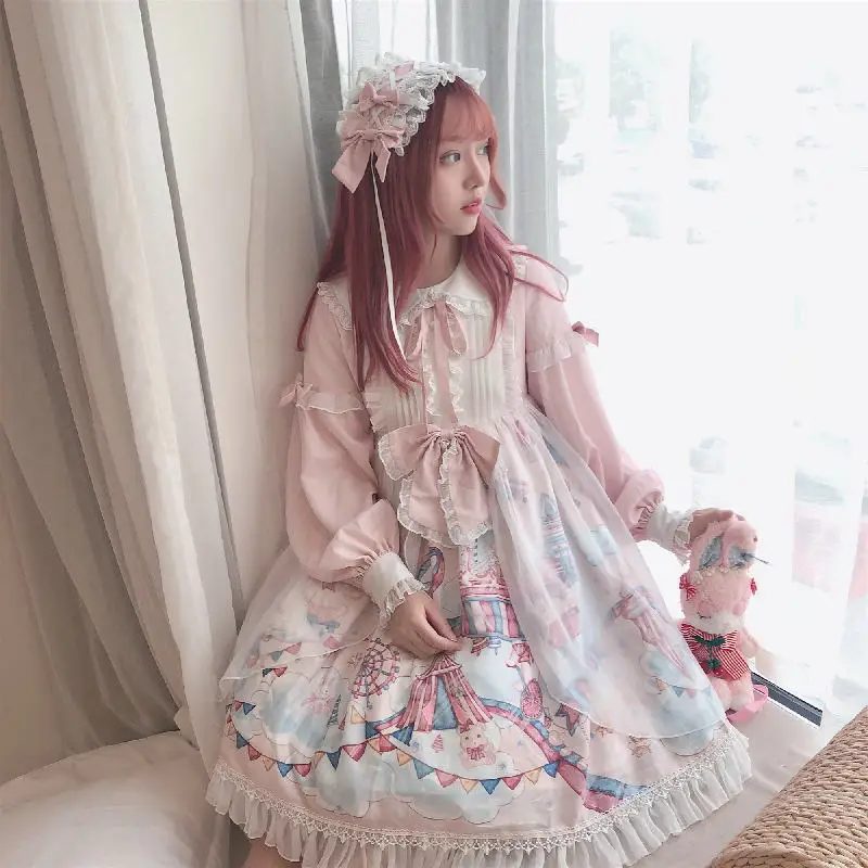 New Lolita Style Jsk Dreamland Amusement Park Daily Dress Girl Sweet and Cute Cosplay Lantern Sleeve Printed Fantasy Fairy Dress