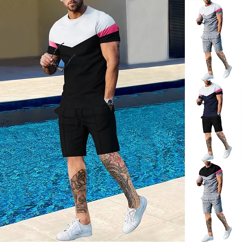 Men ClothesT-shirt Suits3D Printed Color Block Graphic Hot Sales Designer  Plus Size Round Neck Ropa Short Sleeve 2 Pcs